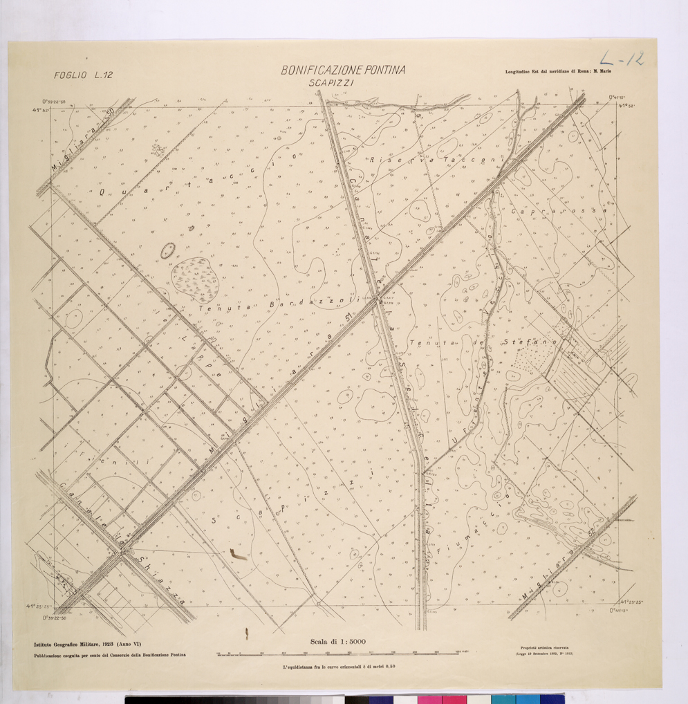(N:25873) CONSORZI DI BONIFICA DI PISCINARA E BONIFICAZIONE PONTINA - F.L12 SCAPIZZI. (CA009072) Carte e stampe antiche: riproduzione a colori su carta (formato A1)
