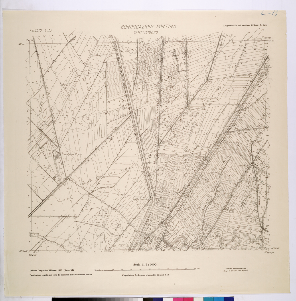 (N:25874) CONSORZI DI BONIFICA DI PISCINARA E BONIFICAZIONE PONTINA - F.L13 SANT'ISODORO. (CA009073) Carte e stampe antiche: riproduzione a colori su carta (formato A1)