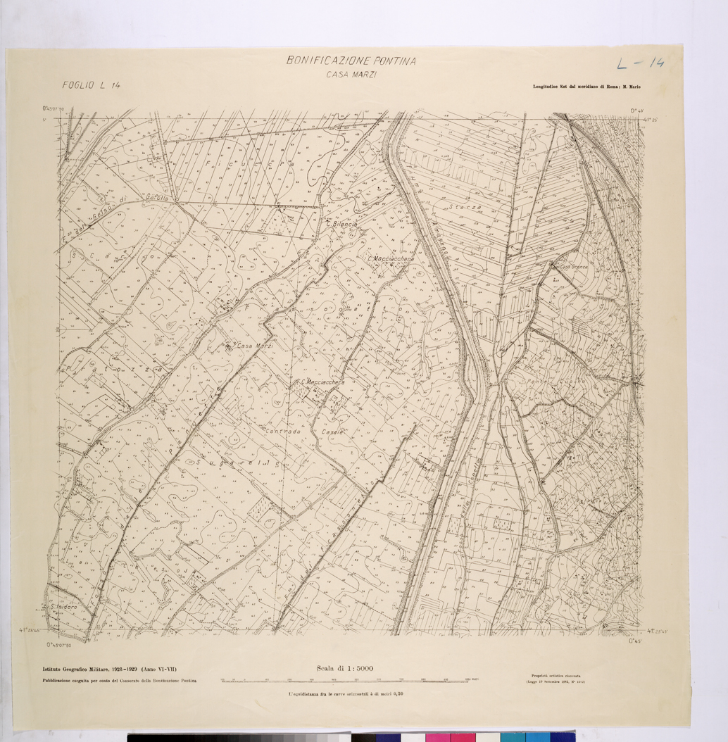(N:25875) CONSORZI DI BONIFICA DI PISCINARA E BONIFICAZIONE PONTINA - F.L14 CASA MARZI. (CA009074) Carte e stampe antiche: riproduzione a colori su carta (formato A1)
