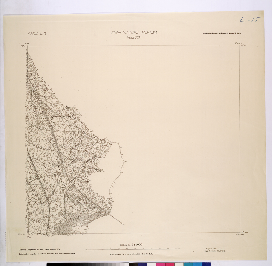 (N:25876) CONSORZI DI BONIFICA DI PISCINARA E BONIFICAZIONE PONTINA - F.L15 VELOSCA. (CA009075) Carte e stampe antiche: riproduzione a colori su carta (formato A1)