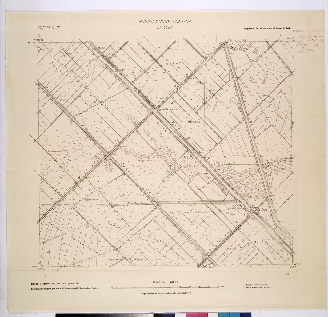 (N:25884) CONSORZI DI BONIFICA DI PISCINARA E BONIFICAZIONE PONTINA - F.N12 LA SEGA. (CA009083) Carte e stampe antiche: riproduzione a colori su carta (formato A1)