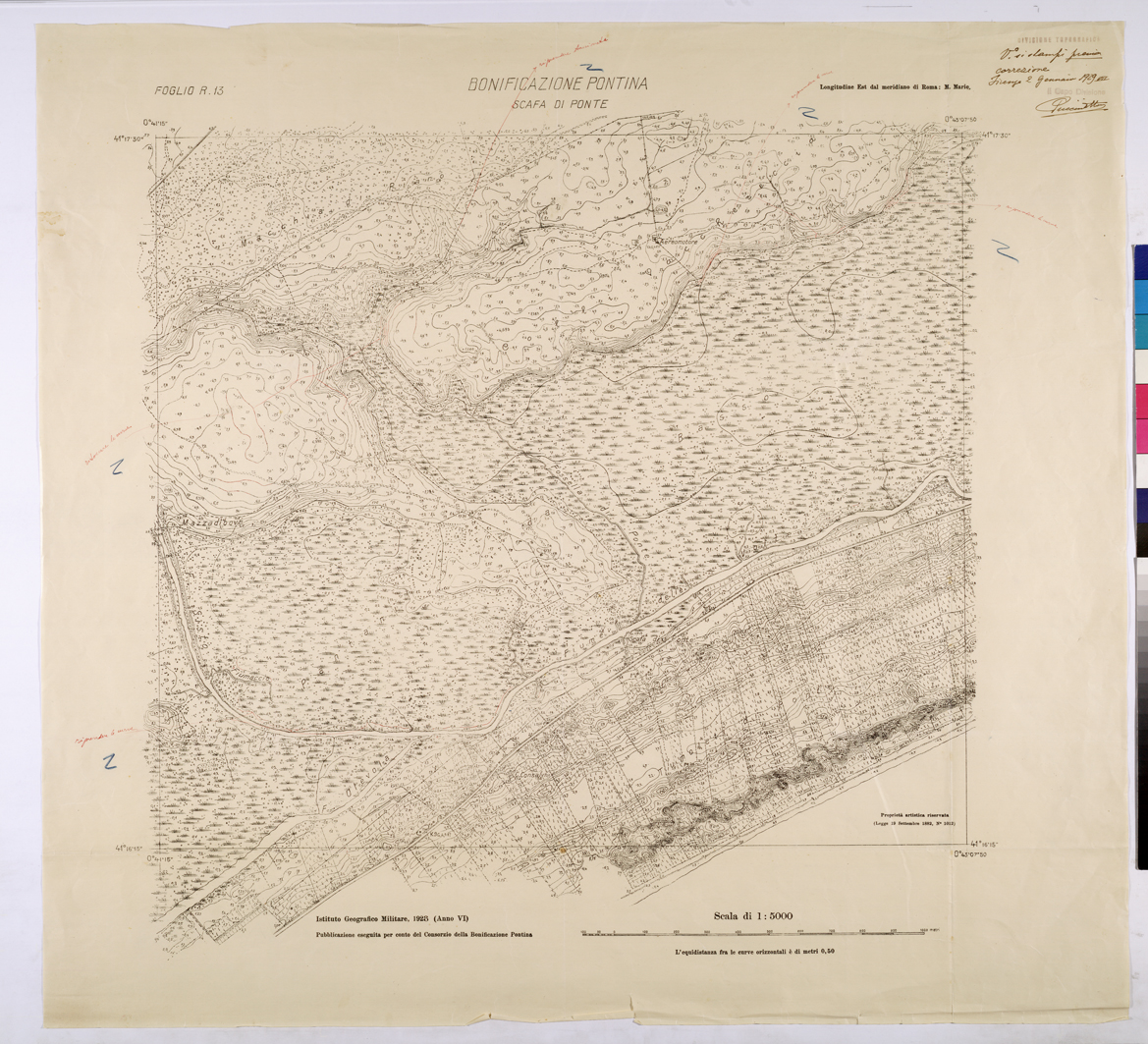 (N:25901) CONSORZI DI BONIFICA DI PISCINARA E BONIFICAZIONE PONTINA - F.R13 SCAFA DI PONTE. (CA009100) Carte e stampe antiche: riproduzione a colori su carta (formato A1)