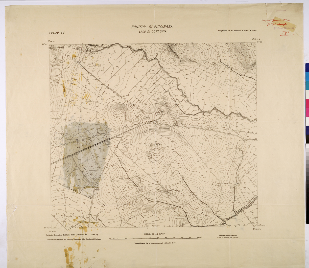 (N:25913) CONSORZI DI BONIFICA DI PISCINARA E BONIFICAZIONE PONTINA - F.C5 LAGO DI CROTONIA. (CA009112) Carte e stampe antiche: riproduzione a colori su carta (formato A1)