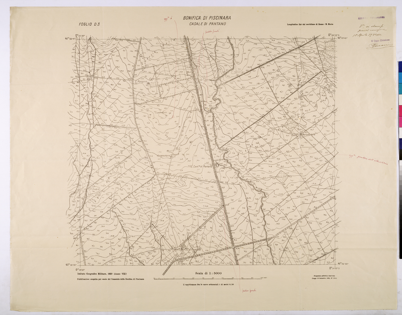 (N:25917) CONSORZI DI BONIFICA DI PISCINARA E BONIFICAZIONE PONTINA - F.D3 CASALE DI PANTANO. (CA009116) Carte e stampe antiche: riproduzione a colori su carta (formato A1)