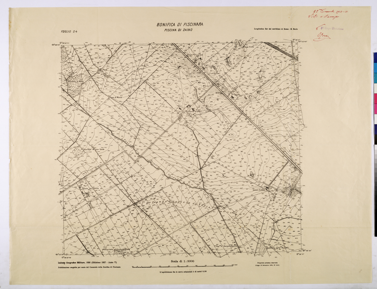 (N:25918) CONSORZI DI BONIFICA DI PISCINARA E BONIFICAZIONE PONTINA - F.D4 PISCINA DI ZAINO. (CA009117) Carte e stampe antiche: riproduzione a colori su carta (formato A1)