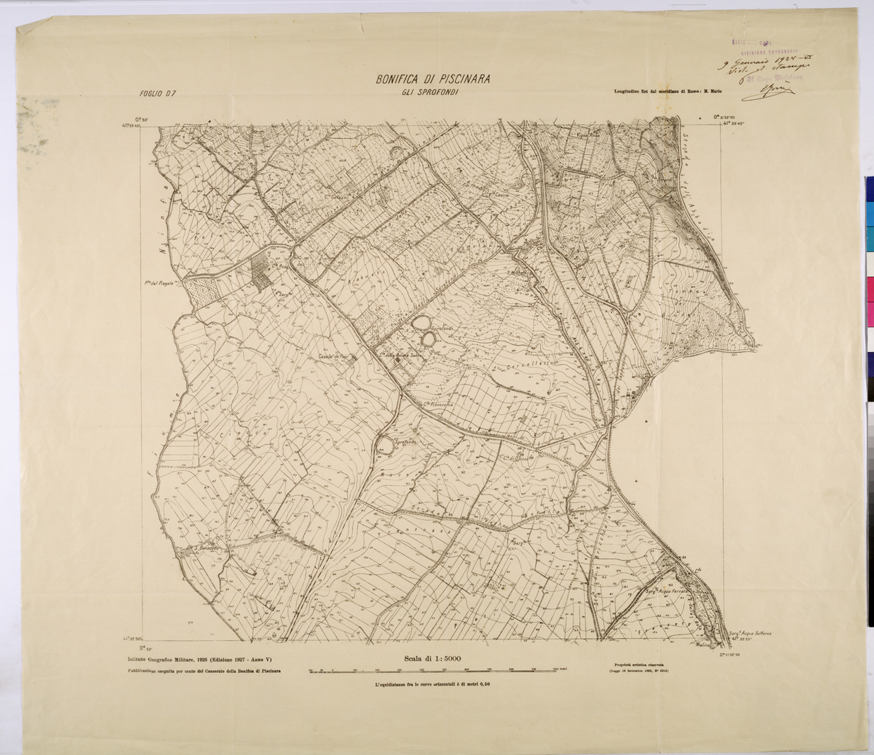 (N:25921) CONSORZI DI BONIFICA DI PISCINARA E BONIFICAZIONE PONTINA - F.D7 GLI SPROFONDI. (CA009120) Carte e stampe antiche: riproduzione a colori su carta (formato A1)
