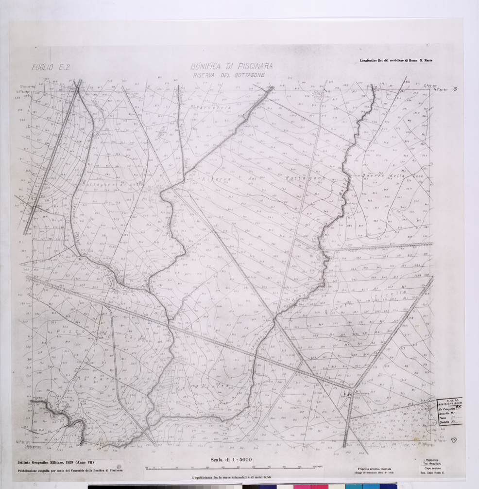 (N:25922) CONSORZI DI BONIFICA DI PISCINARA E BONIFICAZIONE PONTINA - F.E2 RISERVA DEL BOTTEGONE. (CA009121) Carte e stampe antiche: riproduzione a colori su carta (formato A1)