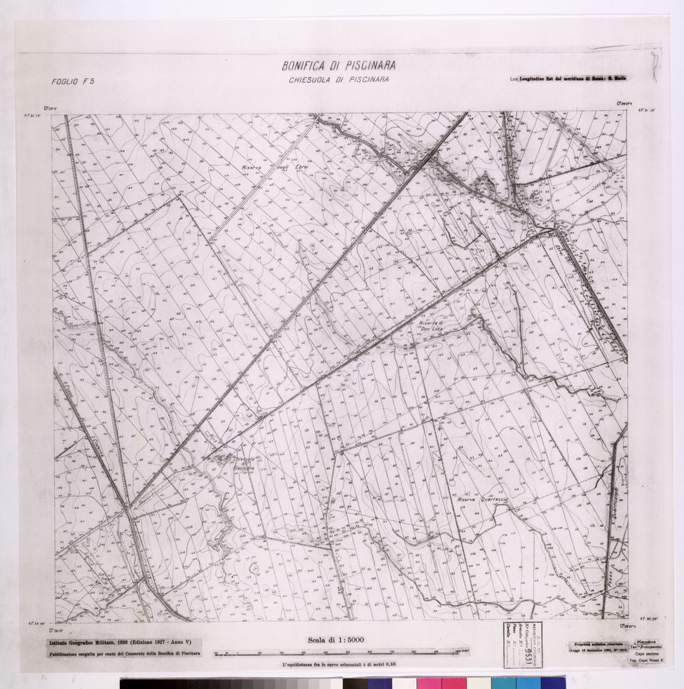 (N:25931) CONSORZI DI BONIFICA DI PISCINARA E BONIFICAZIONE PONTINA - F.F5 CHIESUOLA DI PISCINARA. (CA009130) Carte e stampe antiche: riproduzione a colori su carta (formato A1)