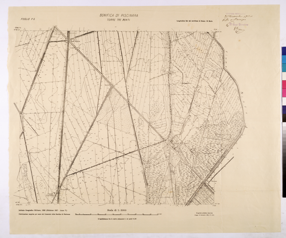 (N:25932) CONSORZI DI BONIFICA DI PISCINARA E BONIFICAZIONE PONTINA - F.F6 TORRE TRE PONTI. (CA009131) Carte e stampe antiche: riproduzione a colori su carta (formato A1)
