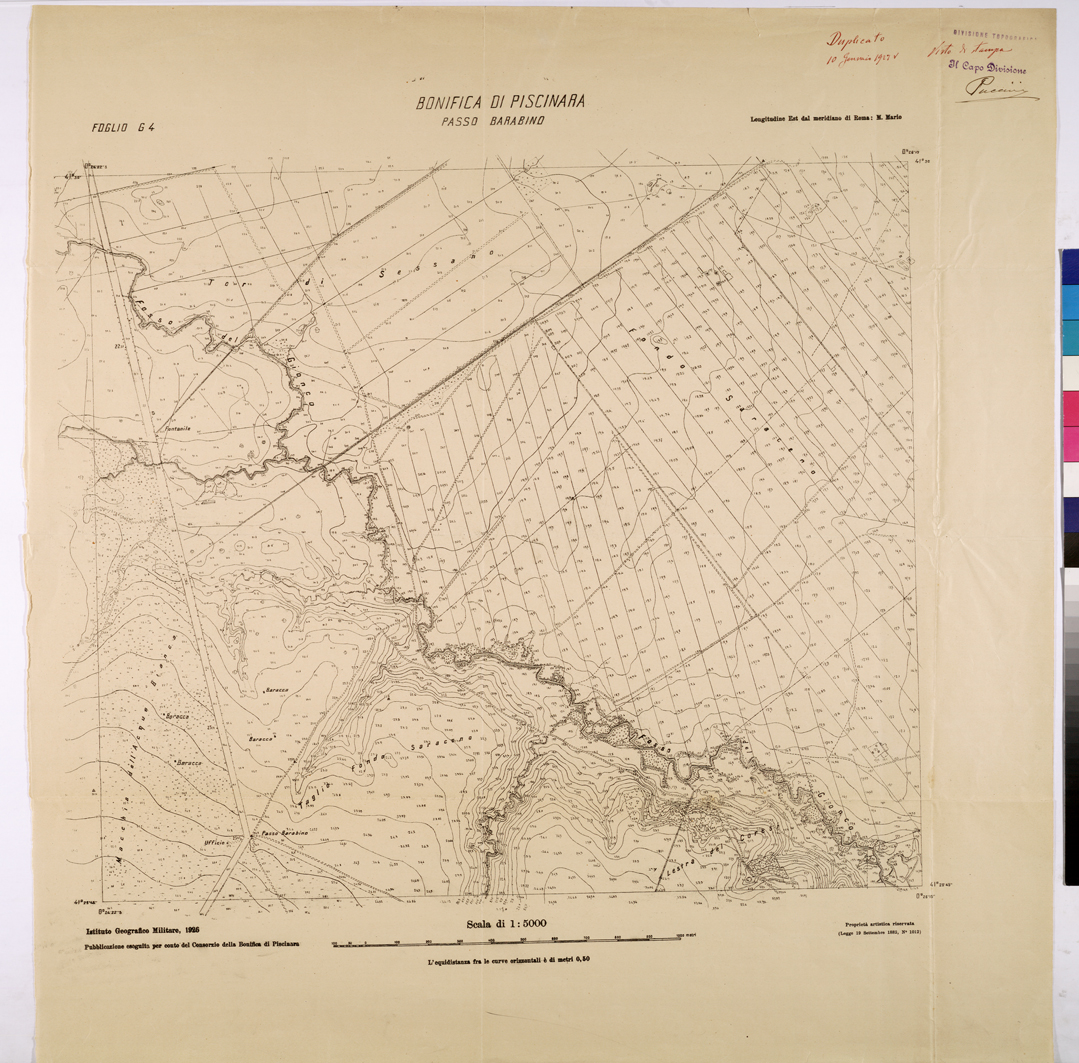 (N:25940) CONSORZI DI BONIFICA DI PISCINARA E BONIFICAZIONE PONTINA - F.G4 PASSO BARABINO. (CA009136) Carte e stampe antiche: riproduzione a colori su carta (formato A1)
