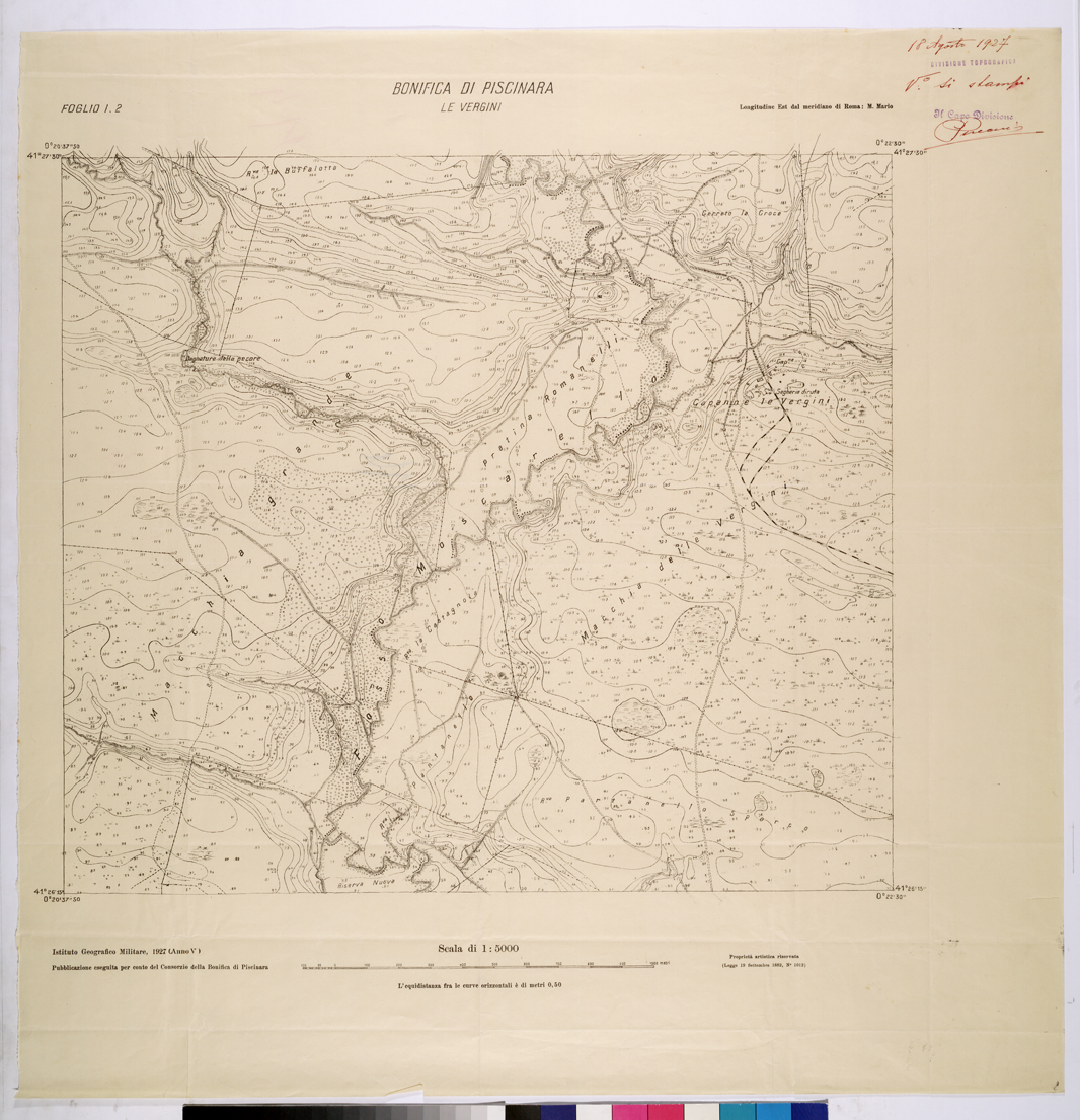 (N:25948) CONSORZI DI BONIFICA DI PISCINARA E BONIFICAZIONE PONTINA - F.I2 LE VERGINI. (CA009147) Carte e stampe antiche: riproduzione a colori su carta (formato A1)