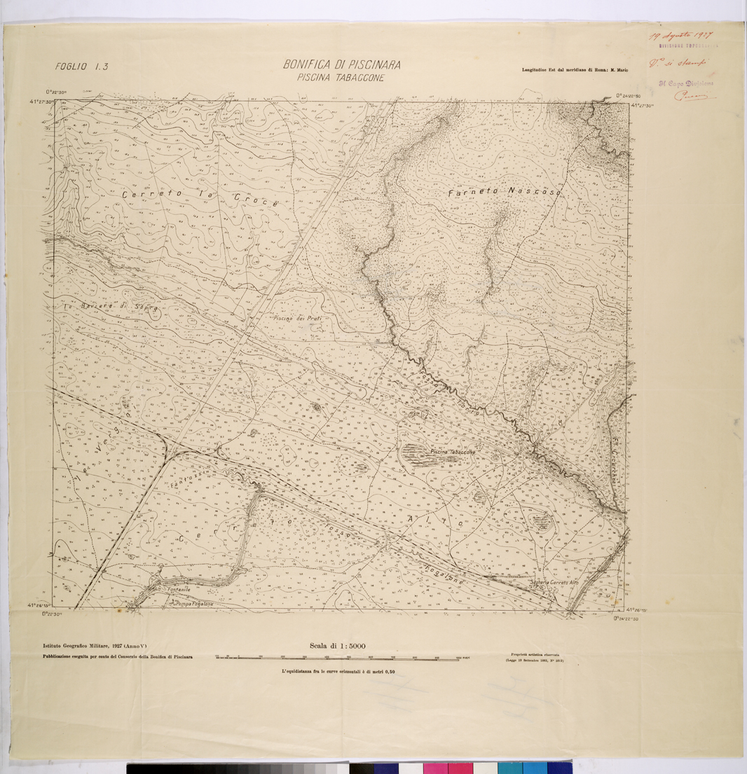 (N:25949) CONSORZI DI BONIFICA DI PISCINARA E BONIFICAZIONE PONTINA - F.I3 PISCINA TABACCONE. (CA009148) Carte e stampe antiche: riproduzione a colori su carta (formato A1)