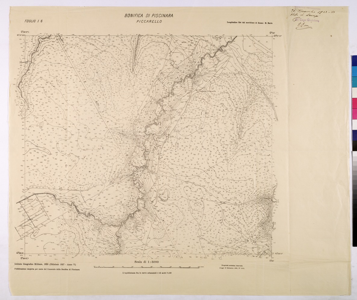 (N:25952) CONSORZI DI BONIFICA DI PISCINARA E BONIFICAZIONE PONTINA - F.I6 PICCARELLO. (CA009151) Carte e stampe antiche: riproduzione a colori su carta (formato A1)
