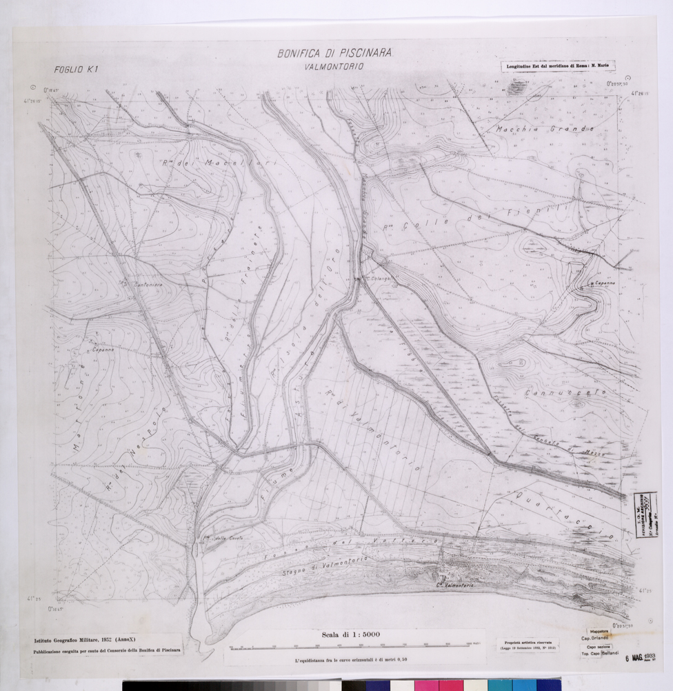 (N:25954) CONSORZI DI BONIFICA DI PISCINARA E BONIFICAZIONE PONTINA - F.K1 VALMONTORIO. (CA009153) Carte e stampe antiche: riproduzione a colori su carta (formato A1)