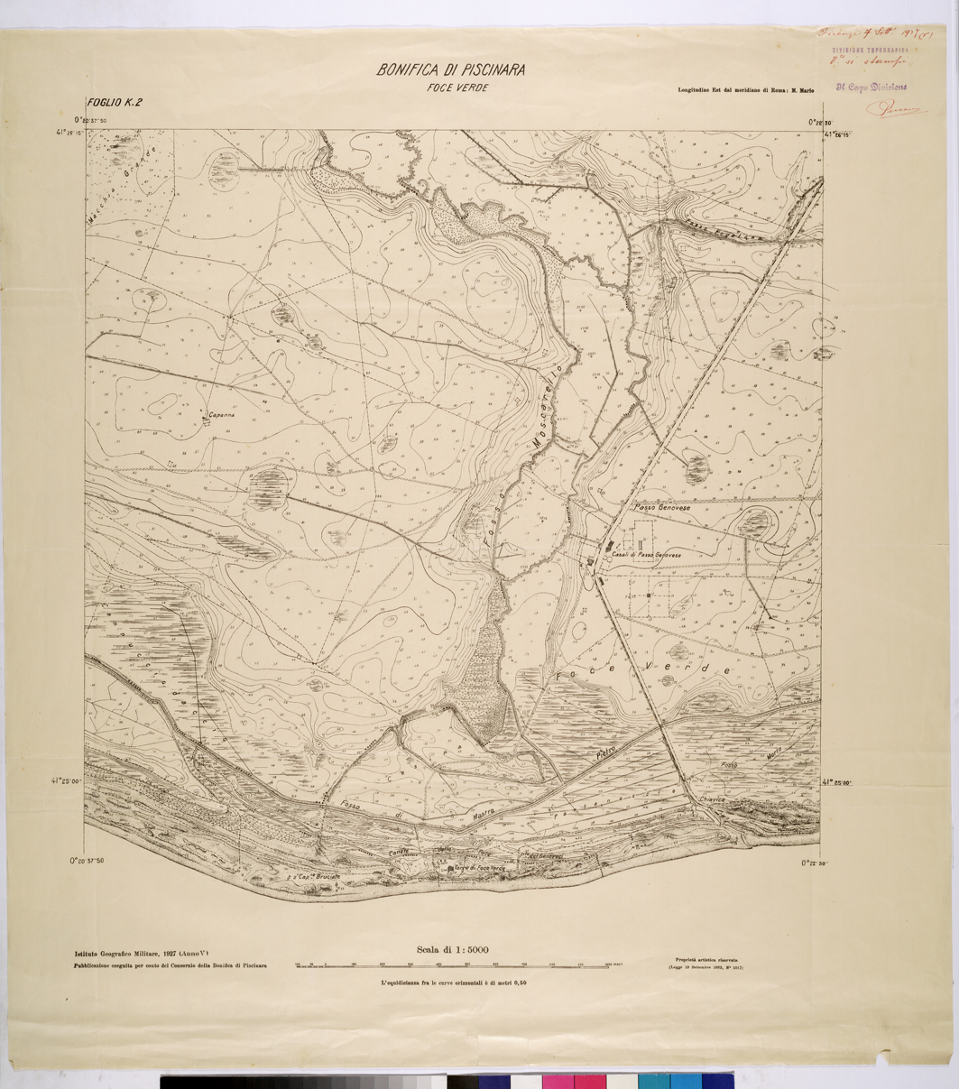 (N:25955) CONSORZI DI BONIFICA DI PISCINARA E BONIFICAZIONE PONTINA - F.K2 FOCE VERDE. (CA009154) Carte e stampe antiche: riproduzione a colori su carta (formato A1)