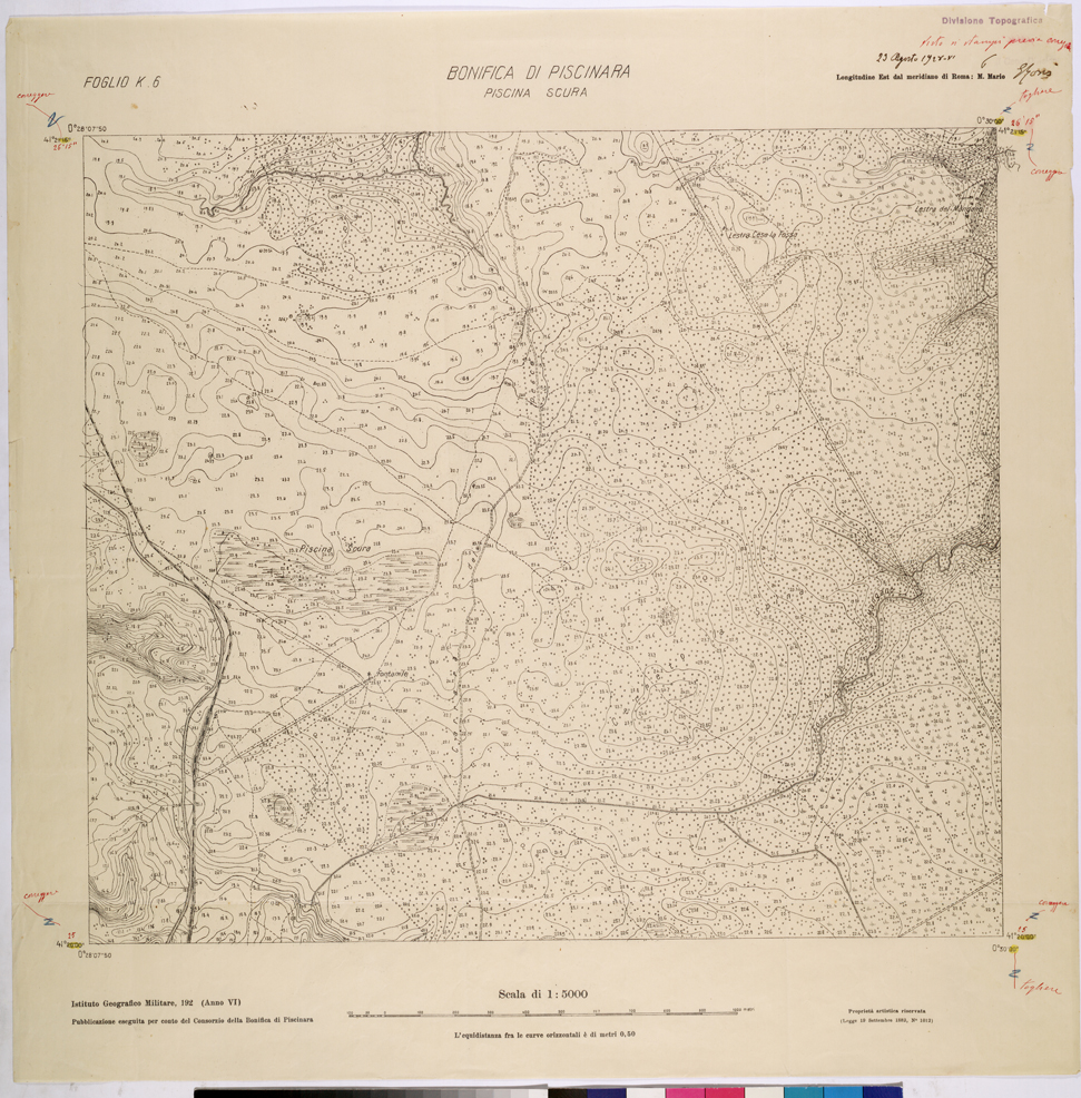 (N:25959) CONSORZI DI BONIFICA DI PISCINARA E BONIFICAZIONE PONTINA - F.K6 PISCINA SCURA. (CA009158) Carte e stampe antiche: riproduzione a colori su carta (formato A1)