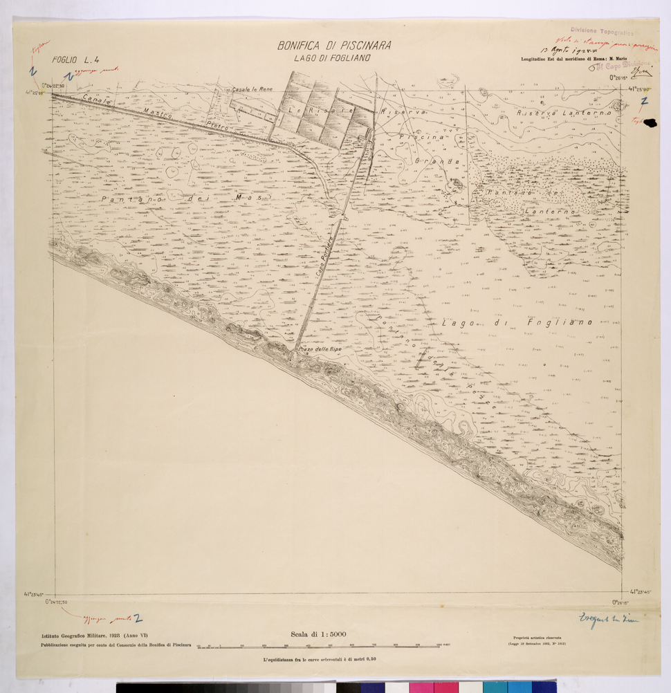 (N:25962) CONSORZI DI BONIFICA DI PISCINARA E BONIFICAZIONE PONTINA - F.L4 LAGO FOGLIANO. (CA009161) Carte e stampe antiche: riproduzione a colori su carta (formato A1)
