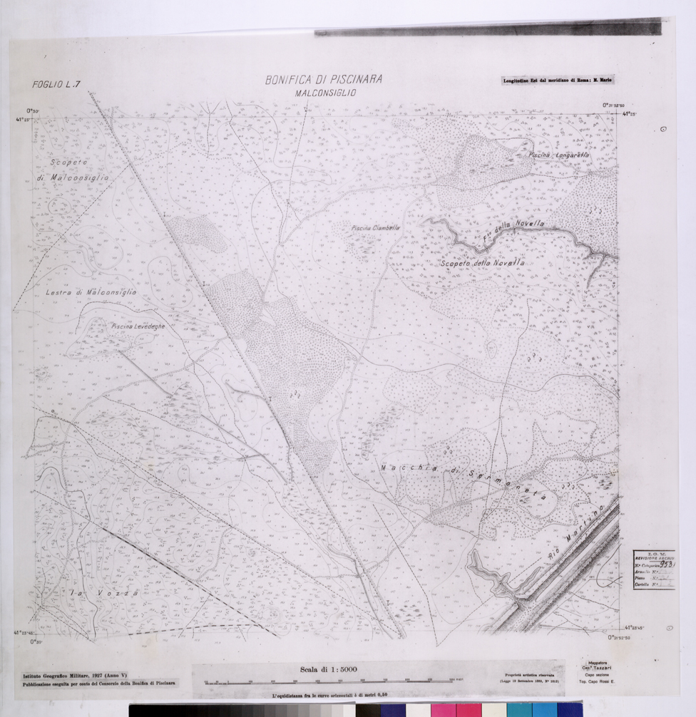 (N:25965) CONSORZI DI BONIFICA DI PISCINARA E BONIFICAZIONE PONTINA - F.L7 MALCONSIGLIO. (CA009164) Carte e stampe antiche: riproduzione a colori su carta (formato A1)