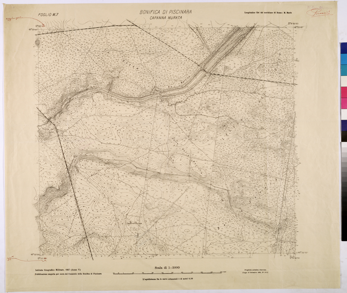(N:25969) CONSORZI DI BONIFICA DI PISCINARA E BONIFICAZIONE PONTINA - F.M7 CAPANNA MURATA. (CA009168) Carte e stampe antiche: riproduzione a colori su carta (formato A1)