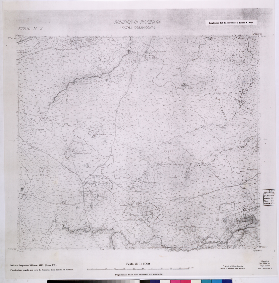 (N:25971) CONSORZI DI BONIFICA DI PISCINARA E BONIFICAZIONE PONTINA - F.M9 LESTRA CORNACCHIA. (CA009170) Carte e stampe antiche: riproduzione a colori su carta (formato A1)