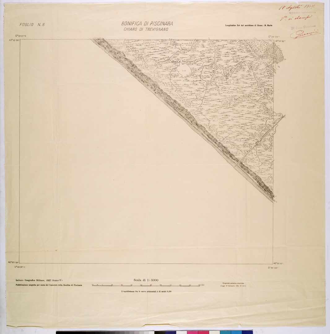 (N:25972) CONSORZI DI BONIFICA DI PISCINARA E BONIFICAZIONE PONTINA - F.N6 CHIARO DI TREVIGNANO. (CA009171) Carte e stampe antiche: riproduzione a colori su carta (formato A1)