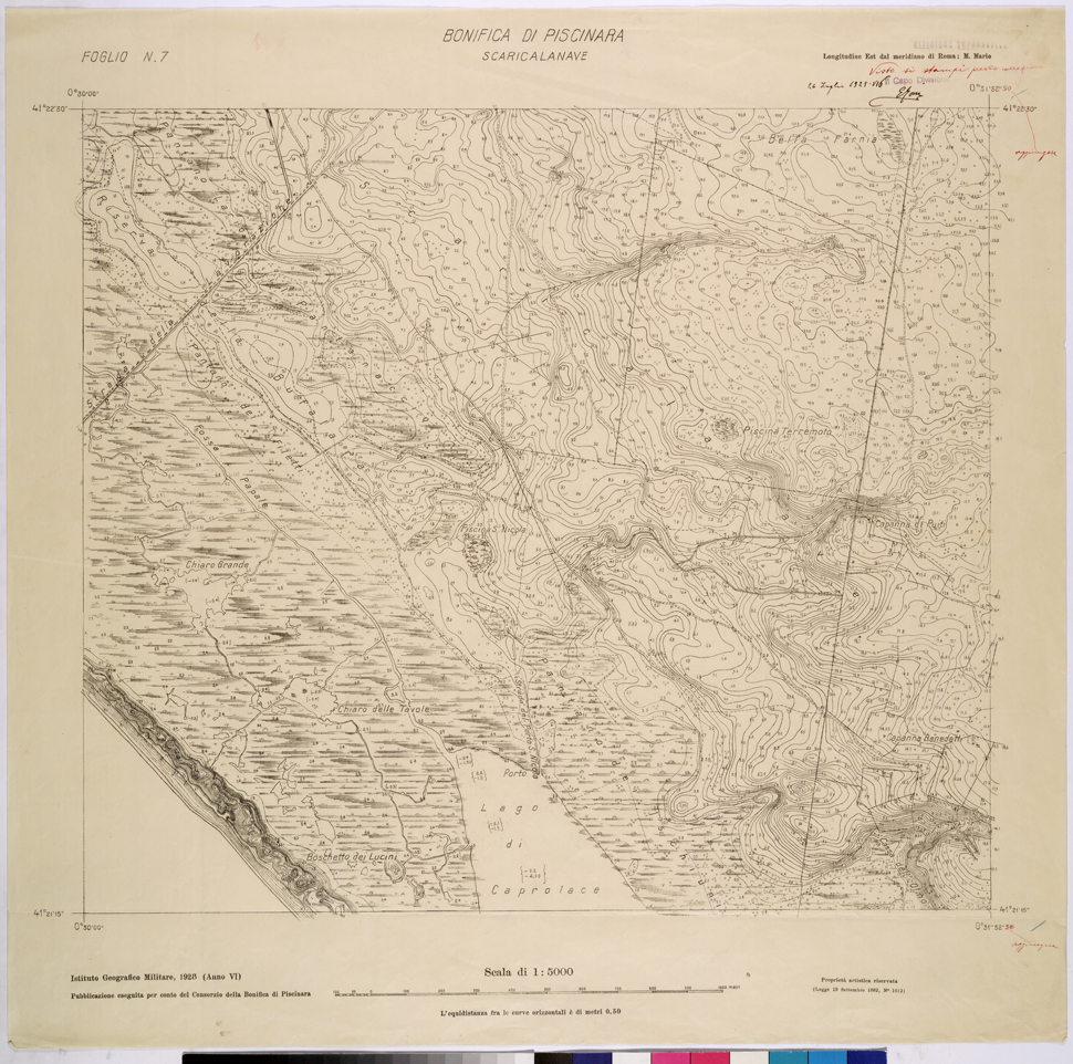 (N:25973) CONSORZI DI BONIFICA DI PISCINARA E BONIFICAZIONE PONTINA - F.N7 SCARICALANAVE. (CA009172) Carte e stampe antiche: riproduzione a colori su carta (formato A1)