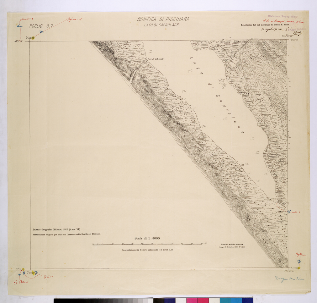 (N:25977) CONSORZI DI BONIFICA DI PISCINARA E BONIFICAZIONE PONTINA - F.07 LAGO DI CAPROLACE. (CA009176) Carte e stampe antiche: riproduzione a colori su carta (formato A1)