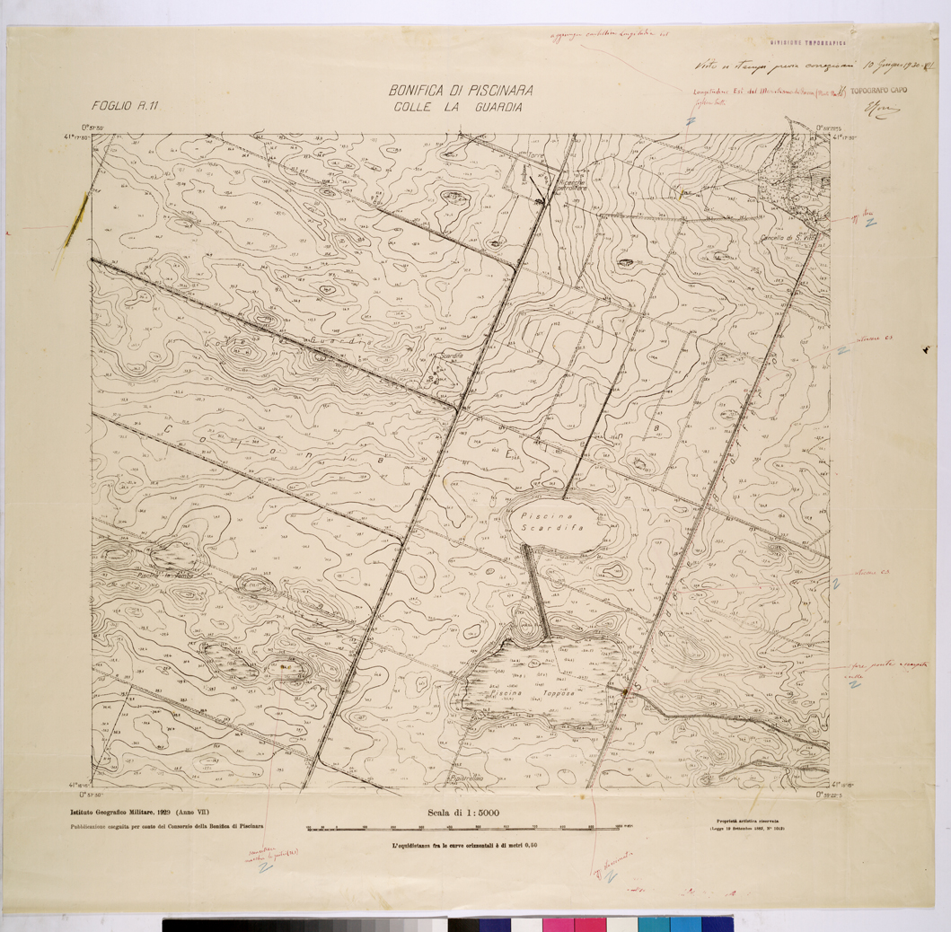 (N:25991) CONSORZI DI BONIFICA DI PISCINARA E BONIFICAZIONE PONTINA - F.R11 COLLE LA GUARDIA. (CA009190) Carte e stampe antiche: riproduzione a colori su carta (formato A1)