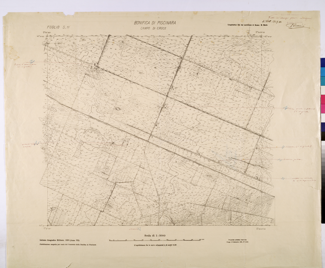 (N:25995) CONSORZI DI BONIFICA DI PISCINARA E BONIFICAZIONE PONTINA - F.S11 CAMPO DI CROCE. (CA009194) Carte e stampe antiche: riproduzione a colori su carta (formato A1)