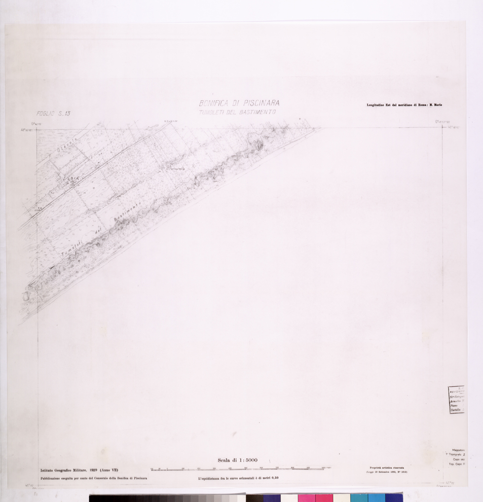 (N:25997) CONSORZI DI BONIFICA DI PISCINARA E BONIFICAZIONE PONTINA - F.S13 TUMULETI DEL BASTMENTO. (CA009196) Carte e stampe antiche: riproduzione a colori su carta (formato A1)