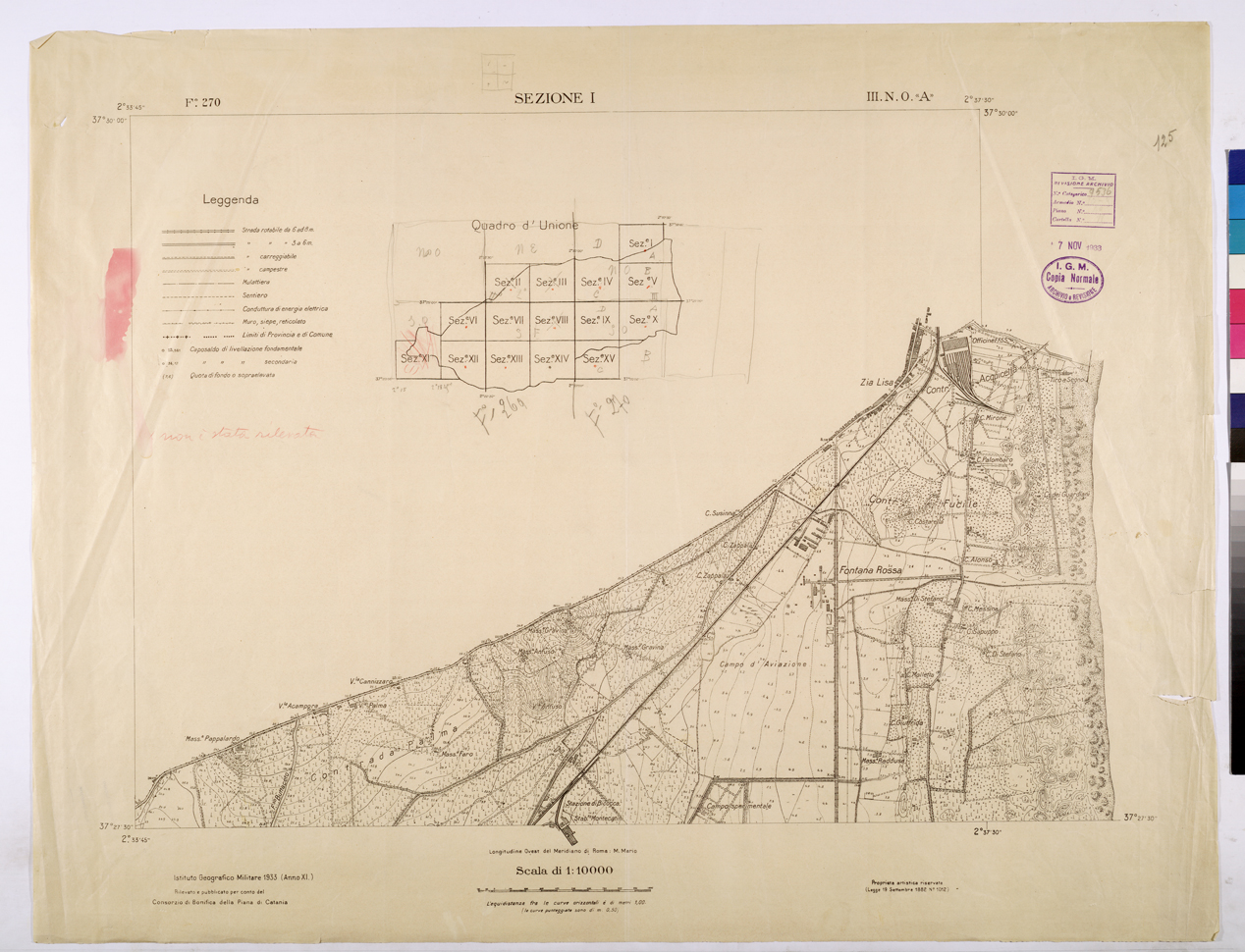 (N:26010) CATANIA - F.270 SEZIONE I III. N.O. "A" (CA009210) Carte e stampe antiche: riproduzione a colori su carta (formato A1)