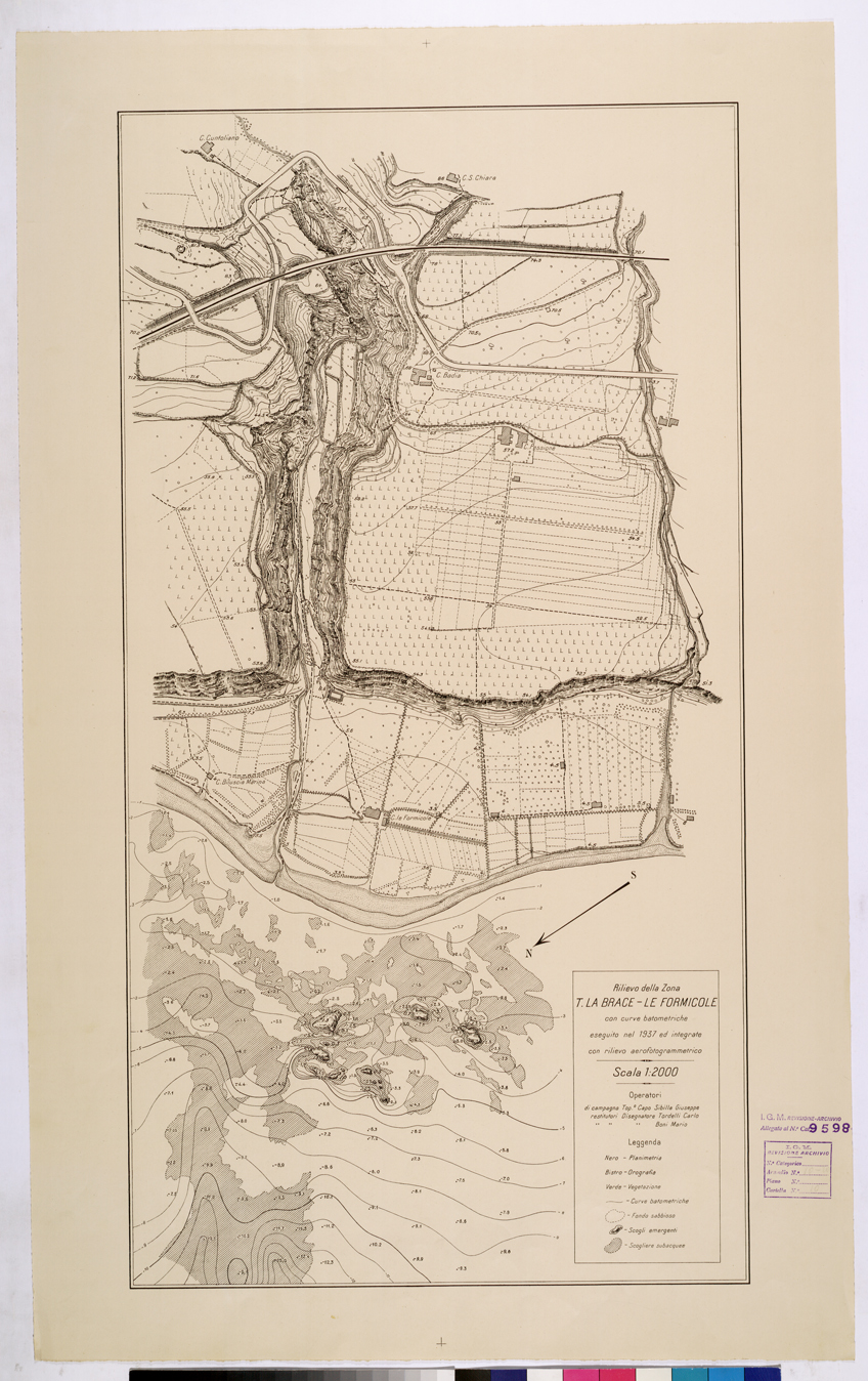 (N:26017) RILIEVO DELLA ZONA T. LA BRACE LE FORMICOLE CON CURVE BATOMETRICHE ESEGUITO NEL 1937 ED INTEGRATE CON RILIEVO AEROFOGRAMMETRICO. (CA009218) Carte e stampe antiche: riproduzione a colori su carta (formato A1)