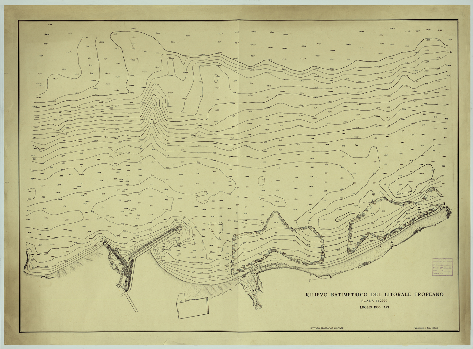 (N:26018) RILIEVO BATIMETRICO DEL LITORALE TROPEANO. (CA009219) Carte e stampe antiche: riproduzione a colori su carta (formato A1)