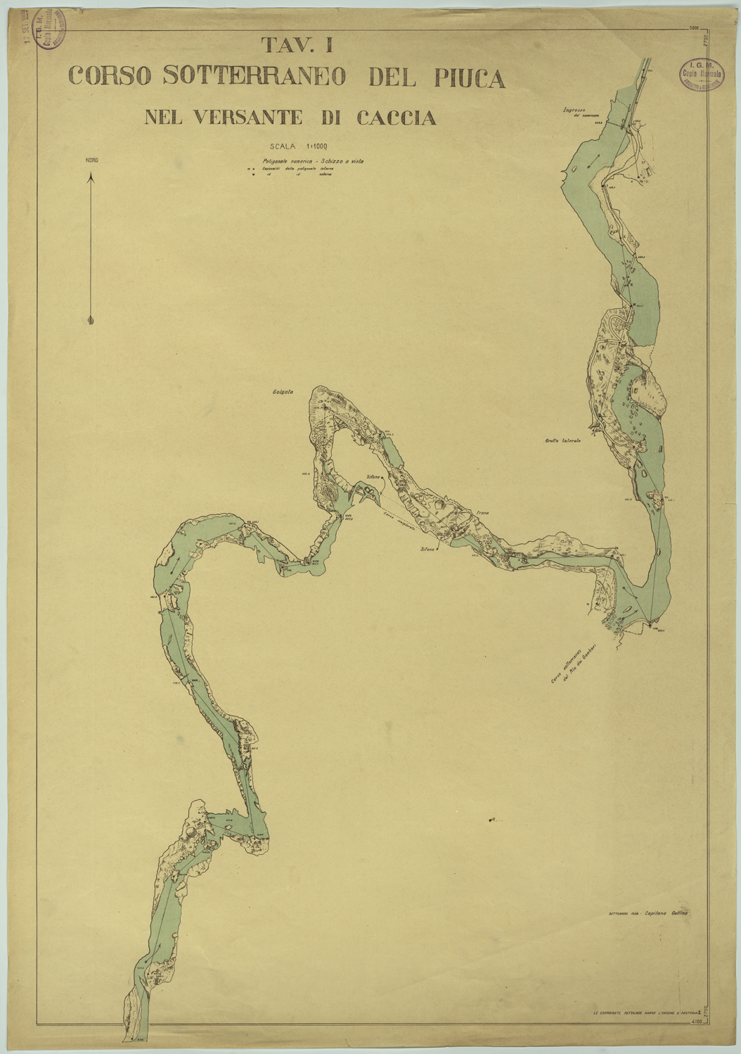 (N:26064) CORSO SOTTERRANEO DEL PIUCA NEL VERSANTE DI CACCIA -TAVOLA I. (CA009268) Carte e stampe antiche: riproduzione a colori su carta (formato A1)