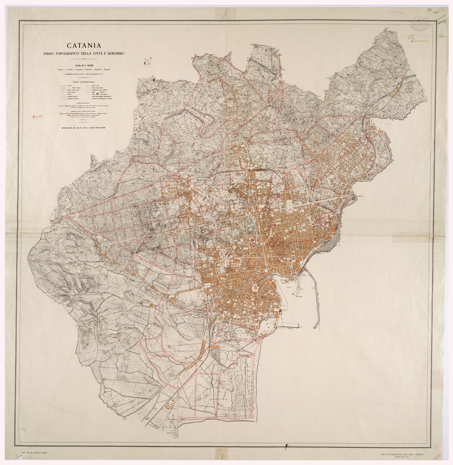 (N:26079) PIANO TOPOGRAFICO DELLA CITTA' E SUBURBIO DI CATANIA - Foglio 1 (CA009283) Carte e stampe antiche: riproduzione a colori su carta (formato A1)