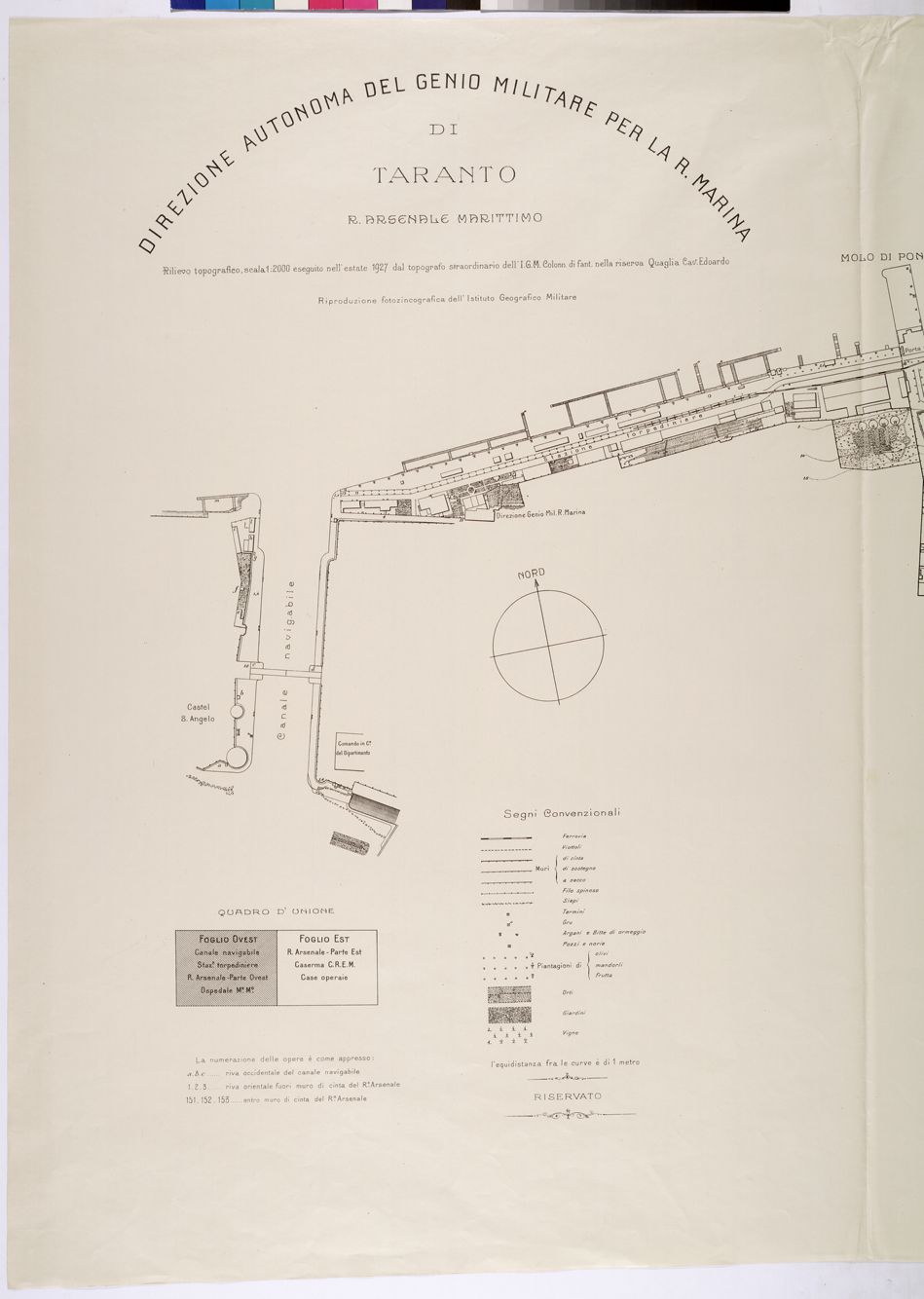 (N:26084) DIREZIONE AUTONOMA DEL GENIO MILITARE PER LA R. MARINA DI TARANTO R. ARSENALE MARITTIMO - PARTE 1-2. (CA009290, CA009291) Carte e stampe antiche: riproduzione a colori su carta (formato A1)