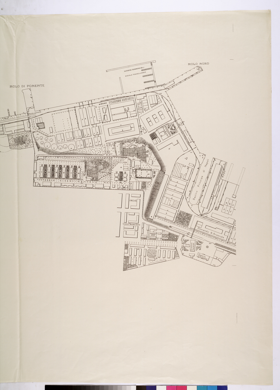 (N:26084) DIREZIONE AUTONOMA DEL GENIO MILITARE PER LA R. MARINA DI TARANTO R. ARSENALE MARITTIMO - PARTE 1-2. (CA009290, CA009291) Carte e stampe antiche: riproduzione a colori su carta (formato A1)