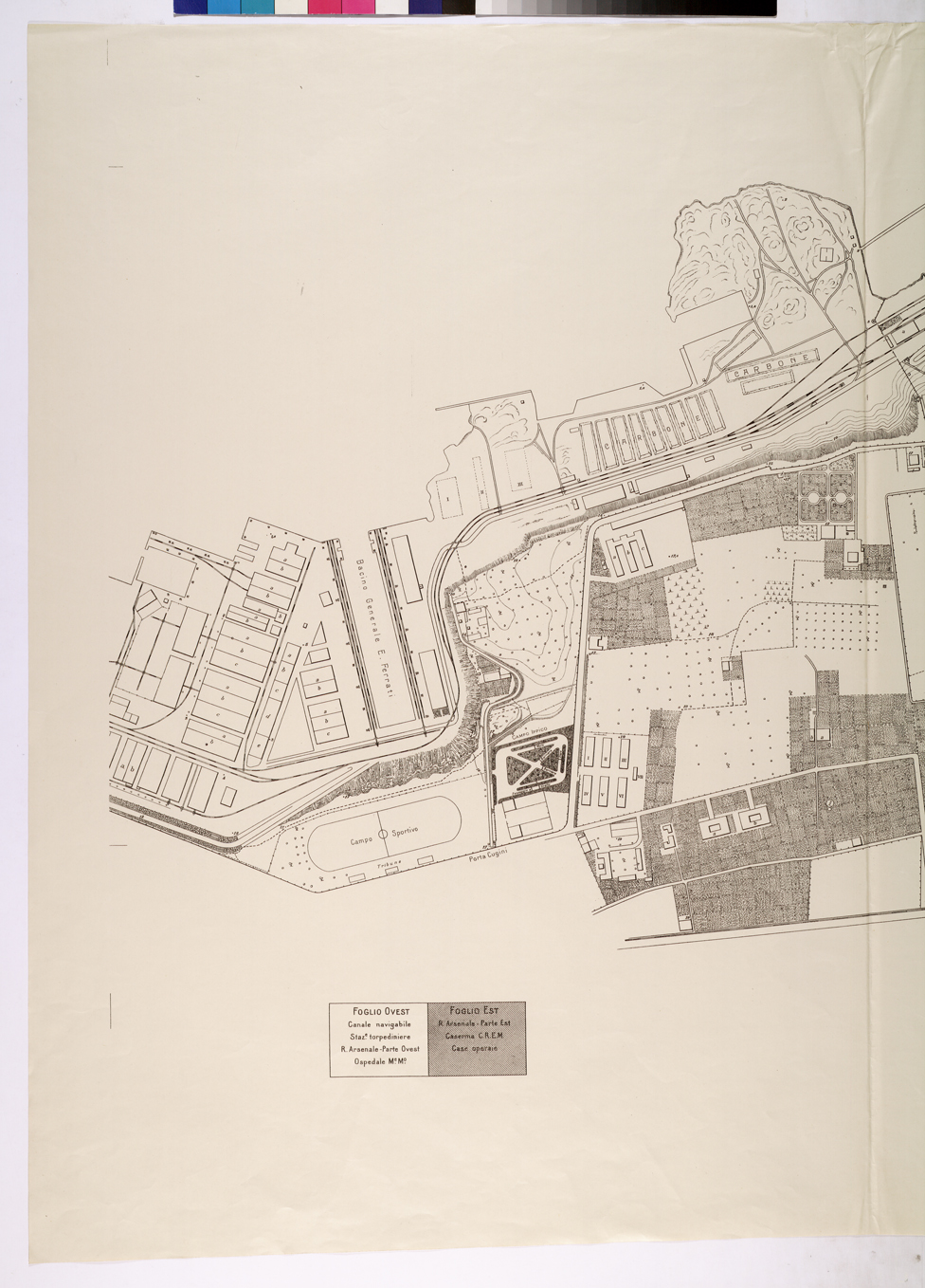 (N:26085) DIREZIONE AUTONOMA DEL GENIO MILITARE PER LA R. MARINA DI TARANTO R. ARSENALE MARITTIMO - PARTE 1-2. (CA009292, CA009293) Carte e stampe antiche: riproduzione a colori su carta (formato A1)