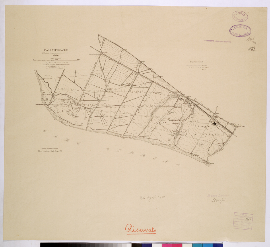 (N:26086) PIANO TOPOGRAFICO DEL POLIGONO DI ESPERIENZE ARMAMENTO AERONAUTICO DI FURBARA. (CA009294) Carte e stampe antiche: riproduzione a colori su carta (formato A1)