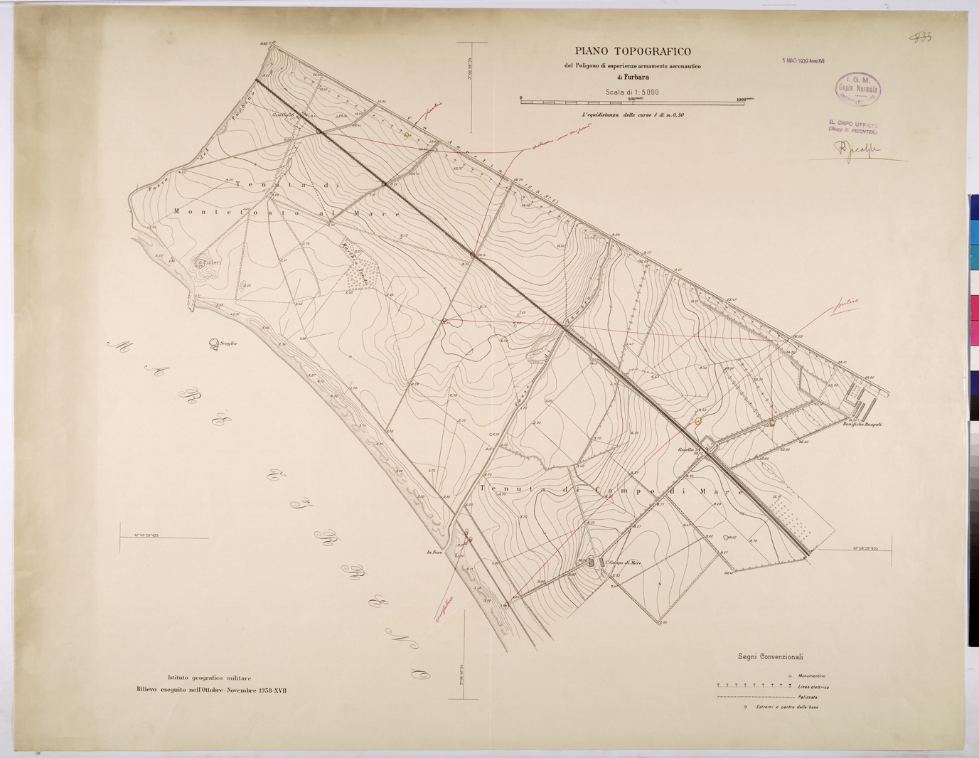 (N:26087) PIANO TOPOGRAFICO DEL POLIGONO DI ESPERIENZE ARMAMENTO AERONAUTICO DI FURBARA. (CA009295) Carte e stampe antiche: riproduzione a colori su carta (formato A1)