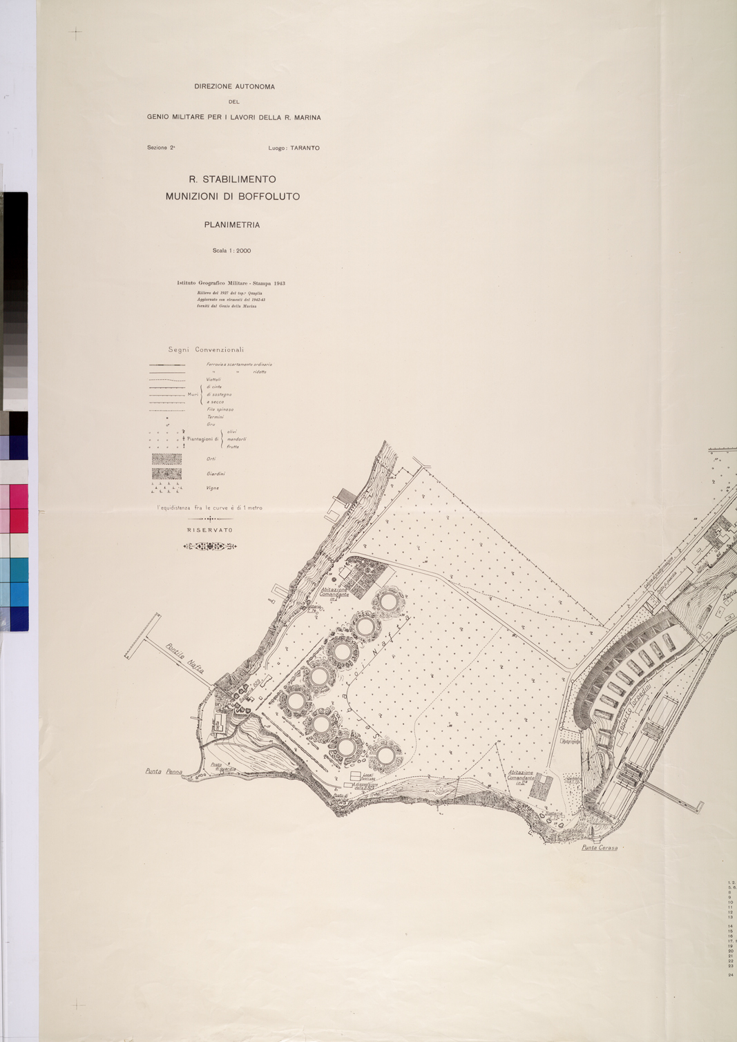 (N:26171) DIREZIONE AUTONOMA DEL GENIO MILITARE PER I LAVORI DELLA R. MARINA R. STABILIMENTO MUNIZIONI DI BOFFOLUTO - FOGLIO 1 (CA009380) Carte e stampe antiche: riproduzione a colori su carta (formato A1)