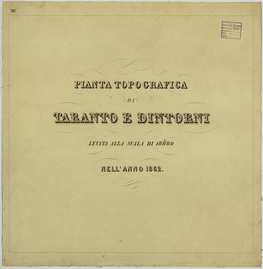 (N:26230) PIANTA TOPOGRAFICA DI TARANTO E DINTORNI LEVATA 1 10.000 NELL'ANNO 1862 - TITOLO. (CA009444) Carte e stampe antiche: riproduzione a colori su carta (formato A1)