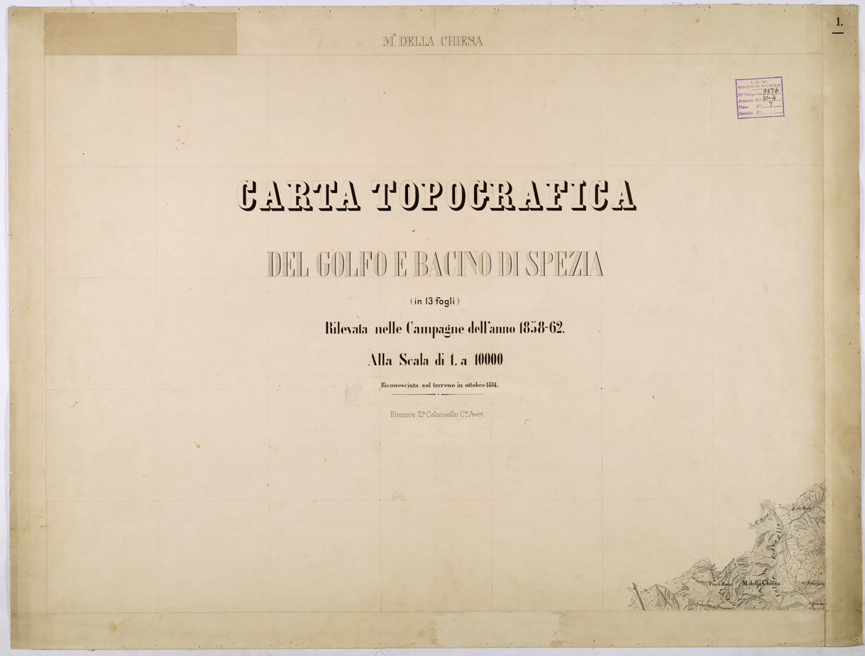 (N:26270) CARTA TOPOGRAFICA DEL GOLFO E BACINO DI SPEZIA - FOGLIO I TITOLO. (CA009486) Carte e stampe antiche: riproduzione a colori su carta (formato A1)