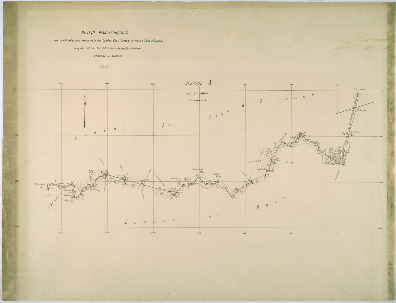(N:26293) RILIEVO PLANI-ALTIMETRICO PER LA DELINEAZIONE DEL CONFINE FRA I COMUNI DI NASO E CAPO D'ORLANDO ESEGUITO DAL TEN COL. DELL'ISTITUTO GEOGRAFICO MILITARE FERRARA CAV. GIUSEPPE - SEZIONE A. (CA009509) Carte e stampe antiche: riproduzione a colori su carta (formato A1)