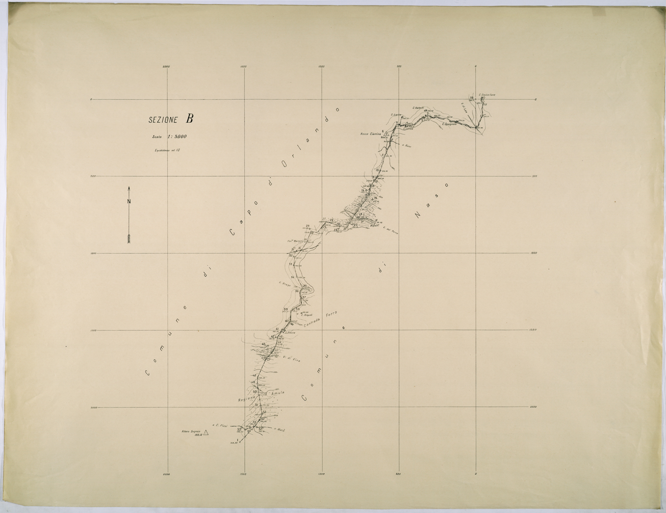 (N:26294) RILIEVO PLANI-ALTIMETRICO PER LA DELINEAZIONE DEL CONFINE FRA I COMUNI DI NASO E CAPO D'ORLANDO ESEGUITO DAL TEN COL. DELL'ISTITUTO GEOGRAFICO MILITARE FERRARA CAV. GIUSEPPE - SEZIONE B. (CA009510) Carte e stampe antiche: riproduzione a colori su carta (formato A1)