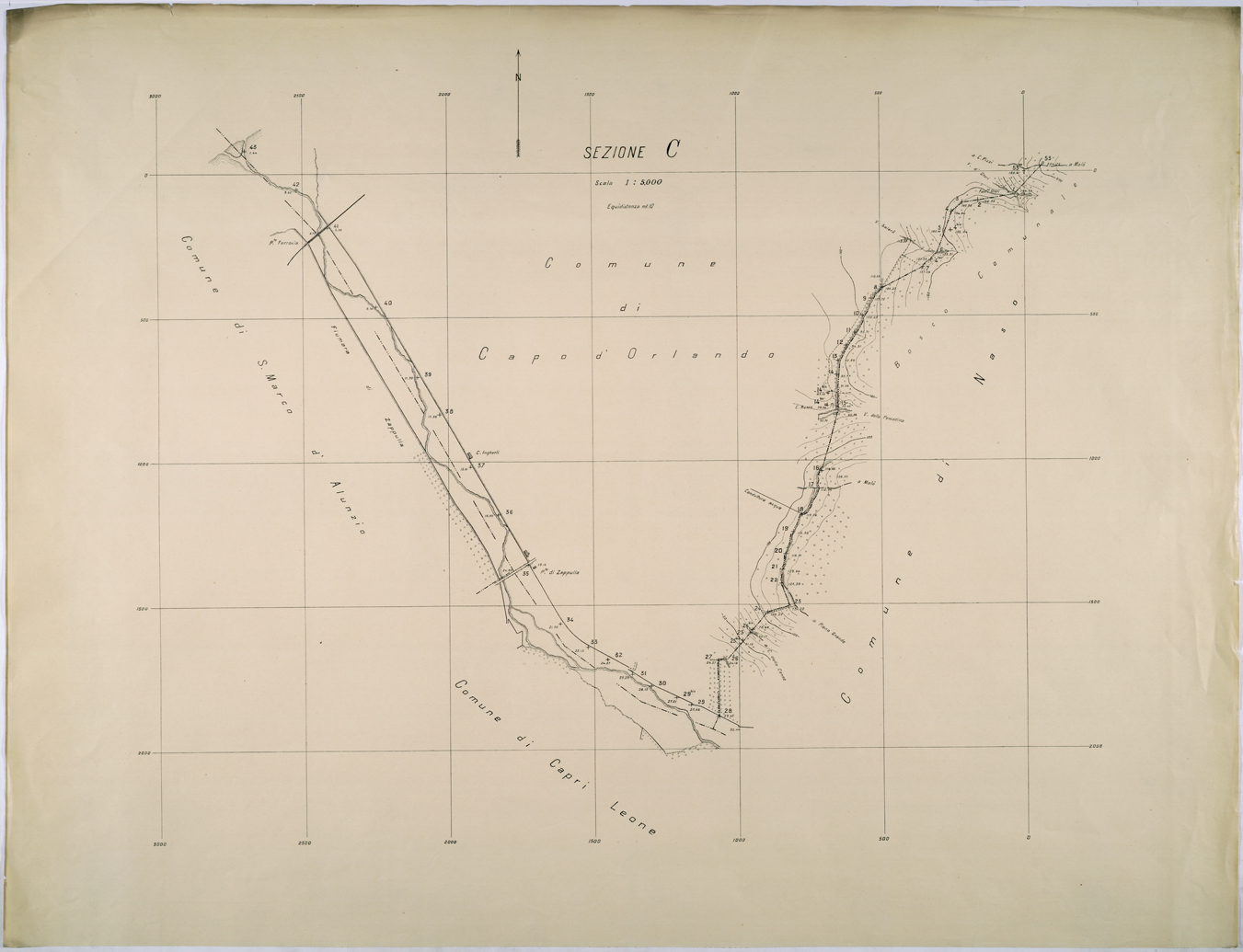 (N:26295) RILIEVO PLANI-ALTIMETRICO PER LA DELINEAZIONE DEL CONFINE FRA I COMUNI DI NASO E CAPO D'ORLANDO ESEGUITO DAL TEN COL. DELL'ISTITUTO GEOGRAFICO MILITARE FERRARA CAV. GIUSEPPE - SEZIONE C. (CA009511) Carte e stampe antiche: riproduzione a colori su carta (formato A1)