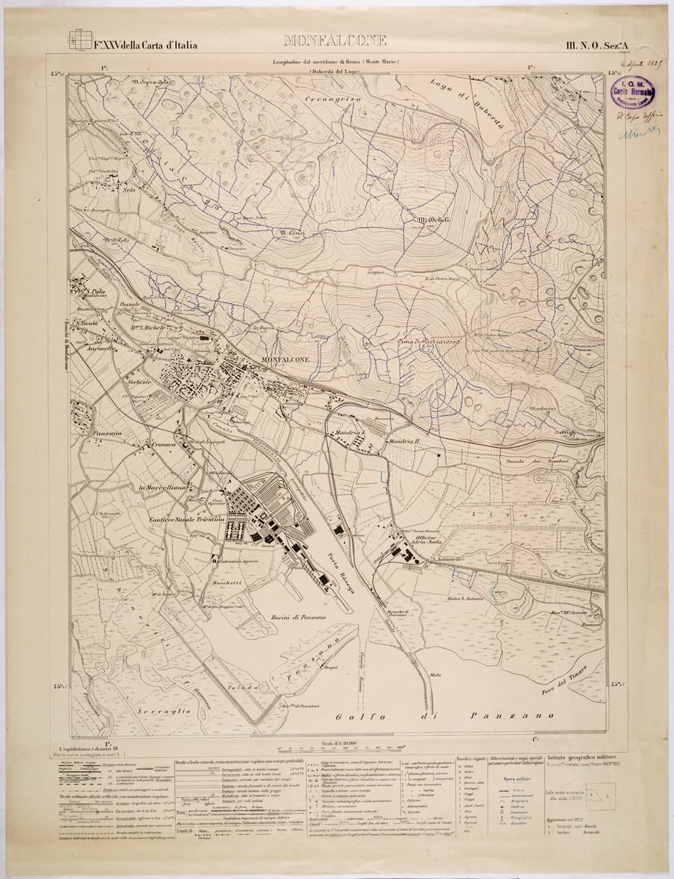 (N:26301) MONFALCONE E GRADISCA - FOGLIO XXV III N.O. SEZIONE A. MONFALCONE - Edizione con opere militari in bl (CA009517) Carte e stampe antiche: riproduzione a colori su carta (formato A1)