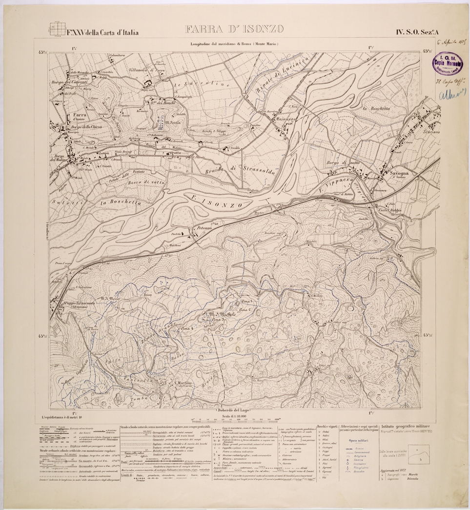 (N:26303) MONFALCONE E GRADISCA - FOGLIO XXV IV S.O. SEZIONE A. FARRA D' ISONZO - Edizione con opere militari in bl (CA009519) Carte e stampe antiche: riproduzione a colori su carta (formato A1)