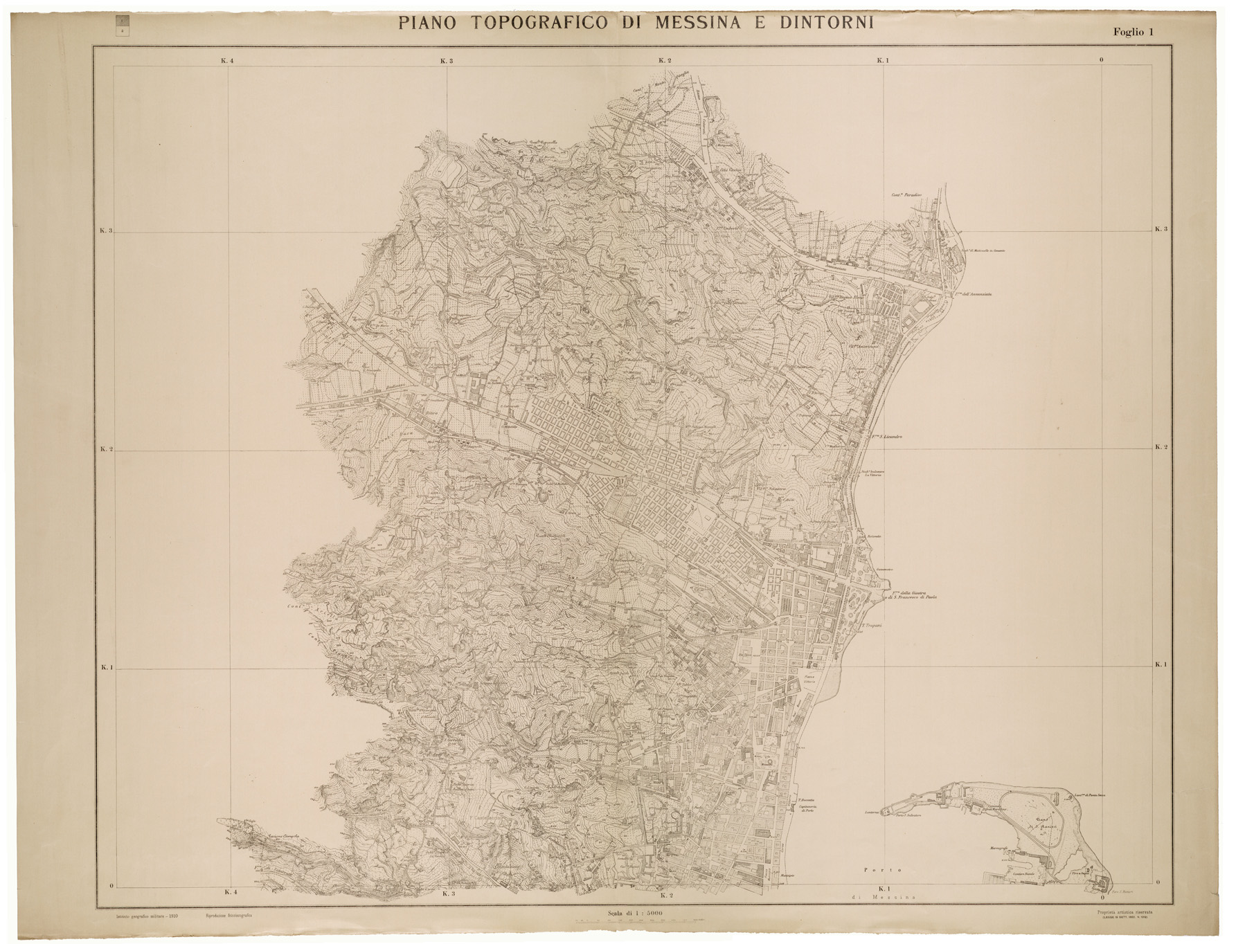 (N:26308) PIANO TOPOGRAFICO DI MESSINA E DINTORNI - FOGLIO 1 (CA009524) Carte e stampe antiche: riproduzione a colori su carta (formato A1)