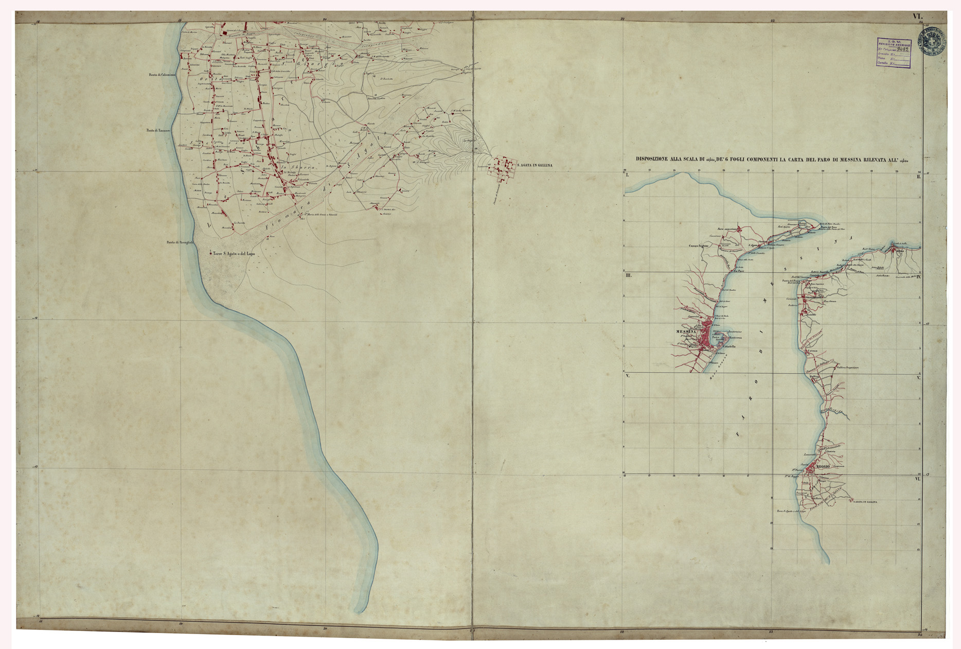 (N:26318) CARTA TOPOGRAFICA DEL FARO DI MESINA ESEGUITA NEL 1844 - FOGLIO 6 (CA009544) Carte e stampe antiche: riproduzione a colori su carta (formato A1)